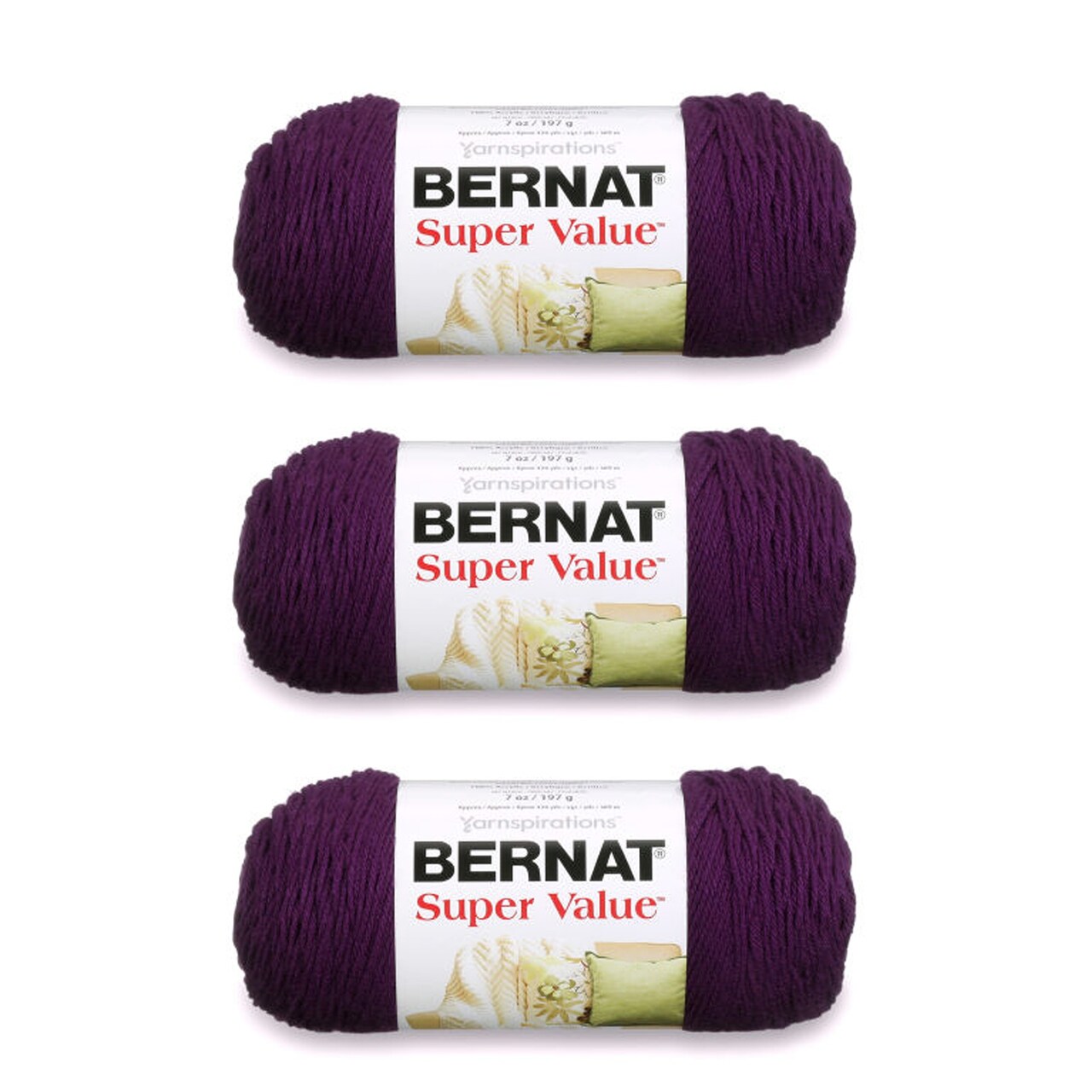 Bernat Super Value Mulberry Yarn - 3 Pack of 198g/7oz - Acrylic - 4 Medium (Worsted) - 426 Yards - Knitting/Crochet